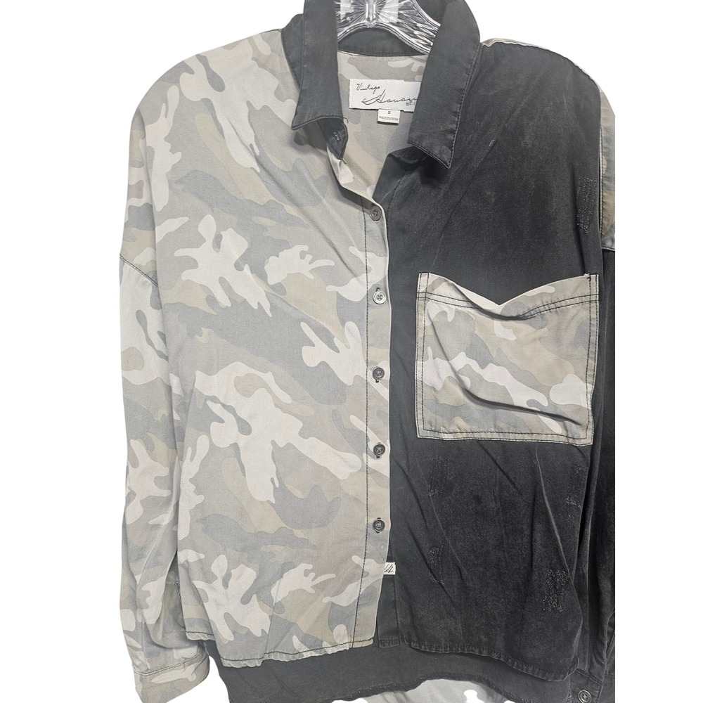 Vintage Havana Womens Camo Colorblock Button Down Shirt Black Grey CC9835 Small